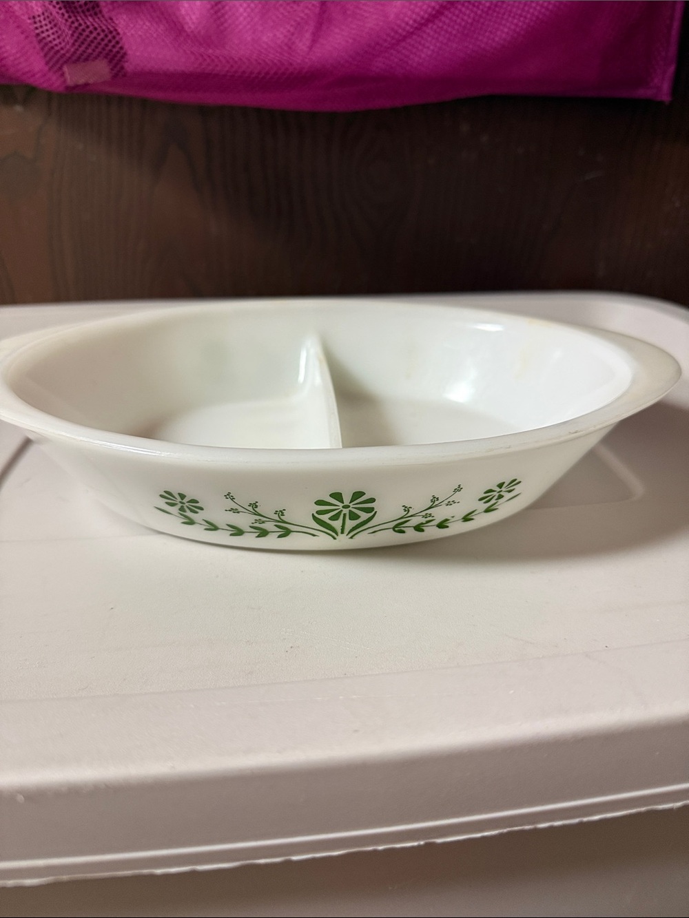 Vintage Milk Glass Divided Serving Bowl with green floral pattern